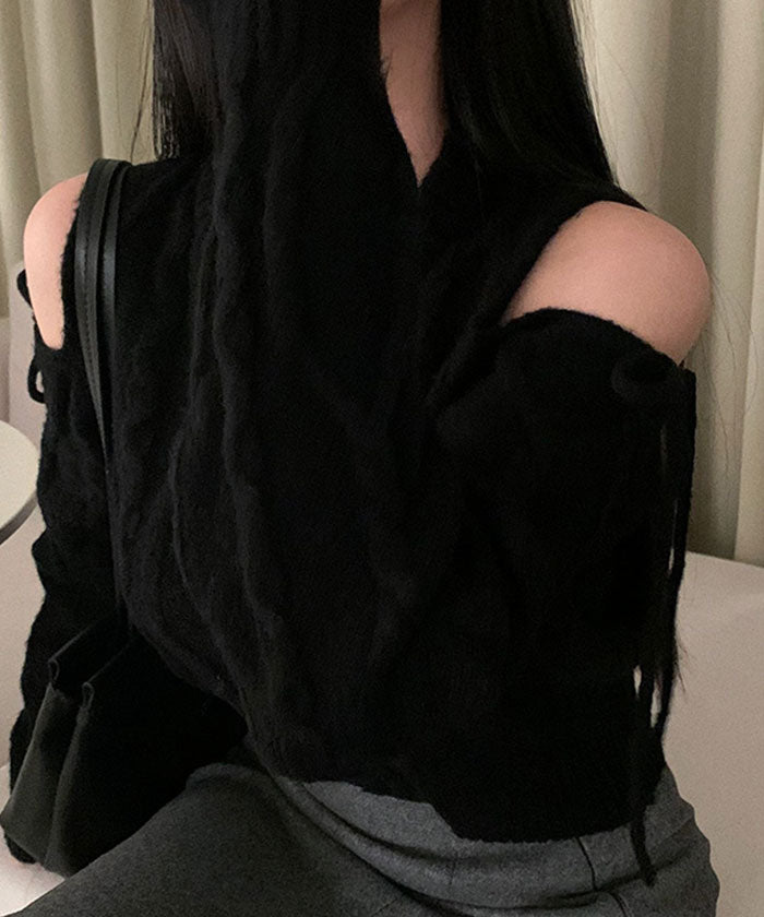 ビビッドレディ VIVIDLADY 肩開きリボンニット レディース 秋 冬 肩出しニット 肩開きトップス バレエコア 長袖 ニット 秋冬 肩開きニット バレエコア 肩開きリボンニット レディース 秋 冬 肩出しニット FREE ブラック,ブラック