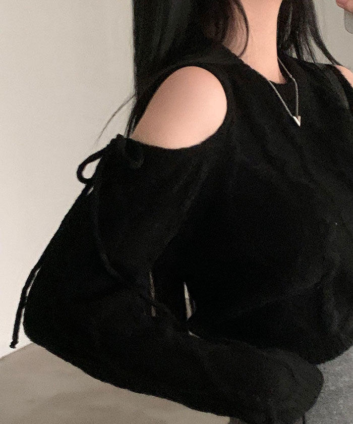 ビビッドレディ VIVIDLADY 肩開きリボンニット レディース 秋 冬 肩出しニット 肩開きトップス バレエコア 長袖 ニット 秋冬 肩開きニット バレエコア 肩開きリボンニット レディース 秋 冬 肩出しニット FREE ブラック