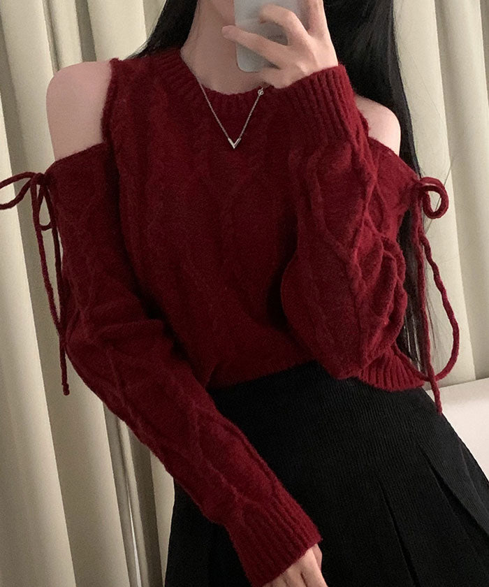 ビビッドレディ VIVIDLADY 肩開きリボンニット レディース 秋 冬 肩出しニット 肩開きトップス バレエコア 長袖 ニット 秋冬 肩開きニット バレエコア 肩開きリボンニット レディース 秋 冬 肩出しニット FREE ブラック,レッド