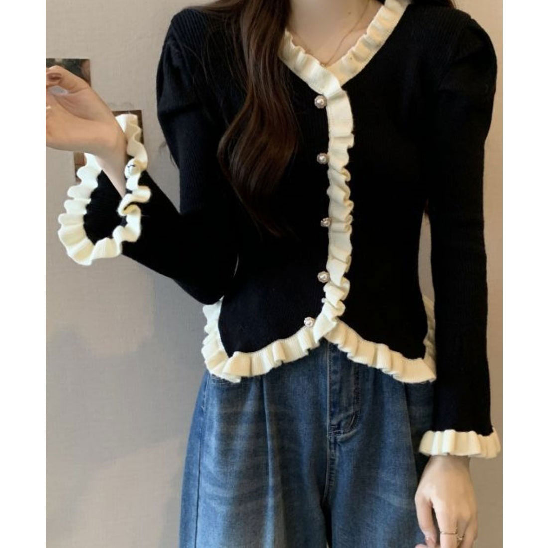 ビビッドレディ VIVIDLADY 配色フリル リブ編みニット プルオーバー 配色メロー ニット 長袖 ブラック （ブラック） ブラック