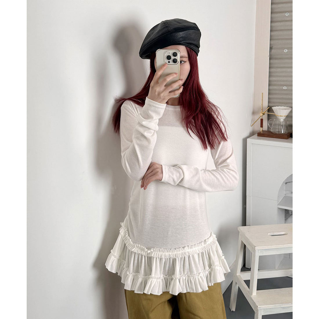 ビビッドレディ VIVIDLADY 裾フリルロンT フリルトップス tシャツ アイボリー （アイボリー） アイボリー