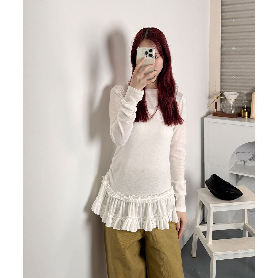 ビビッドレディ VIVIDLADY 裾フリルロンT フリルトップス tシャツ アイボリー （アイボリー） アイボリー