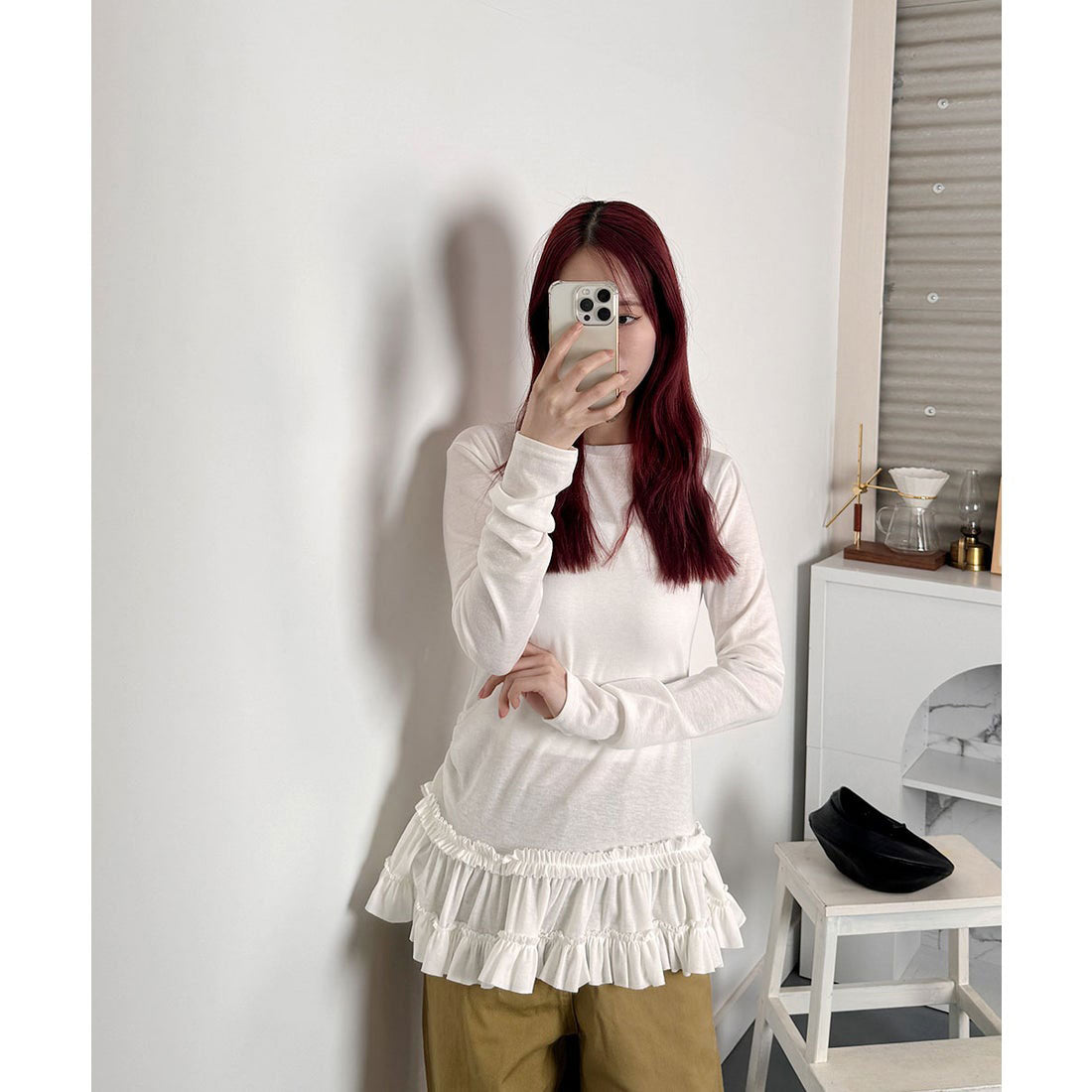 ビビッドレディ VIVIDLADY 裾フリルロンT フリルトップス tシャツ アイボリー （アイボリー） アイボリー
