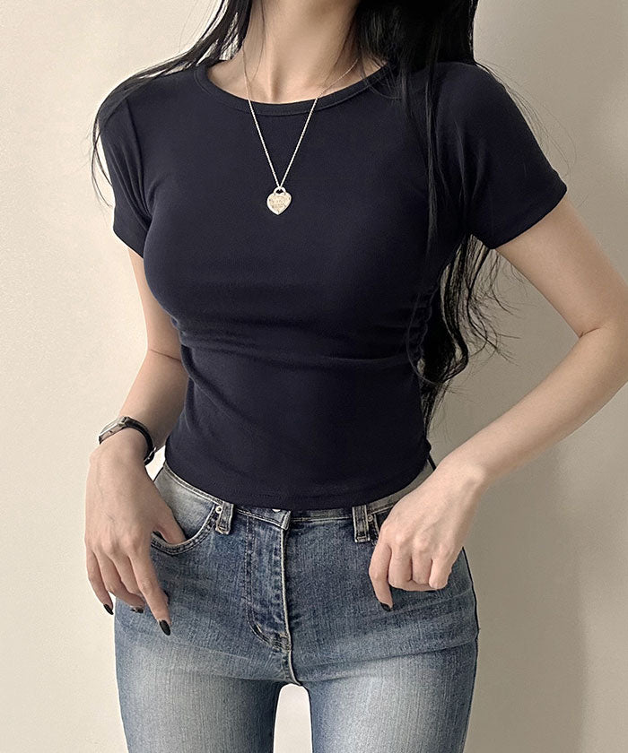 ビビッドレディ VIVIDLADY サイドシャーリング入り半袖Tシャツ レディース 夏 6色 バレエコア シャーリング タイト ミニT クロップド 小さい スリムフィット 半袖T シャーリングtシャツ 韓国 半袖 トップス （ネイビー） ネイビー