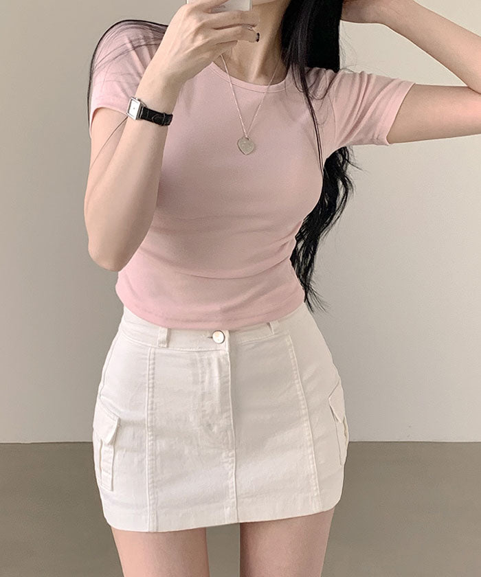ビビッドレディ VIVIDLADY サイドシャーリング入り半袖Tシャツ レディース 夏 6色 バレエコア シャーリング タイト ミニT クロップド 小さい スリムフィット 半袖T シャーリングtシャツ 韓国 半袖 トップス （ピンク） ピンク
