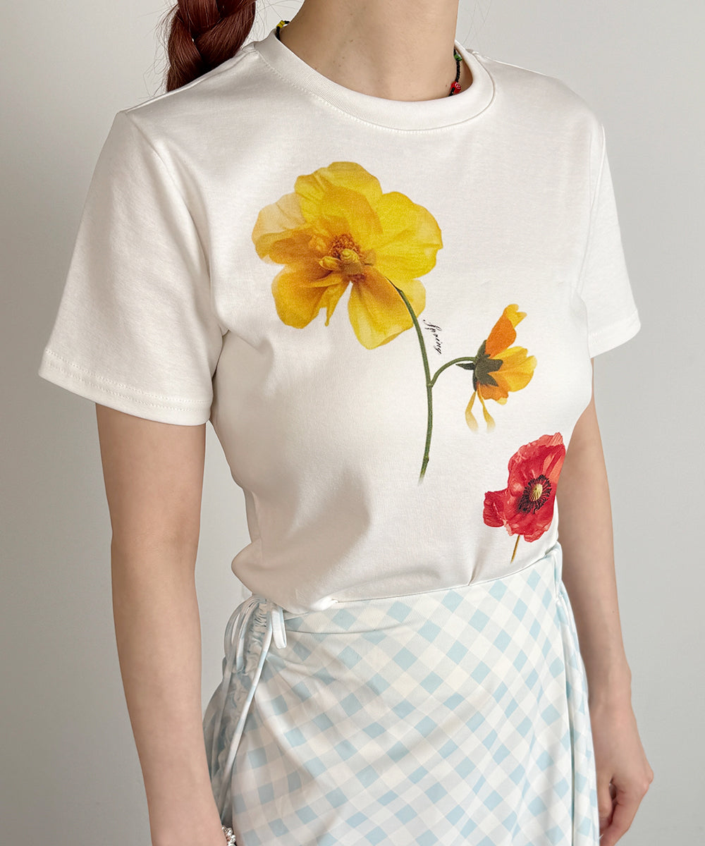 ビビッドレディ VIVIDLADY フラワープリント コンパクトTシャツ （アイボリー） アイボリー