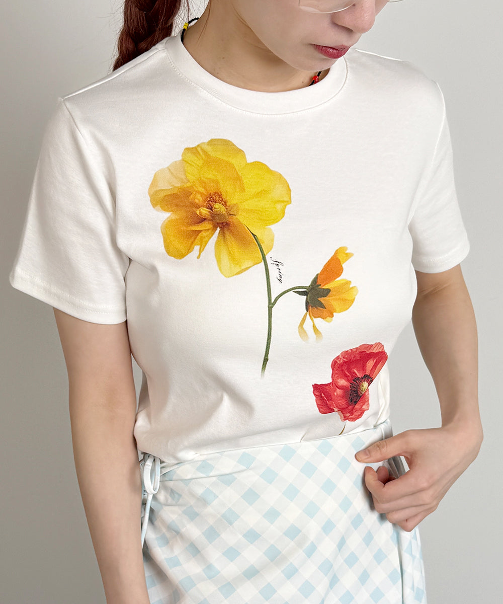 ビビッドレディ VIVIDLADY フラワープリント コンパクトTシャツ （アイボリー） アイボリー