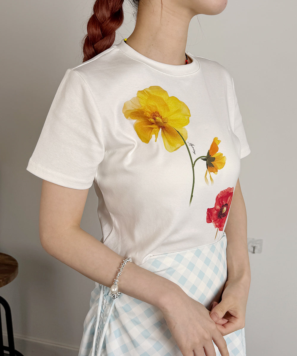 ビビッドレディ VIVIDLADY フラワープリント コンパクトTシャツ （アイボリー） アイボリー