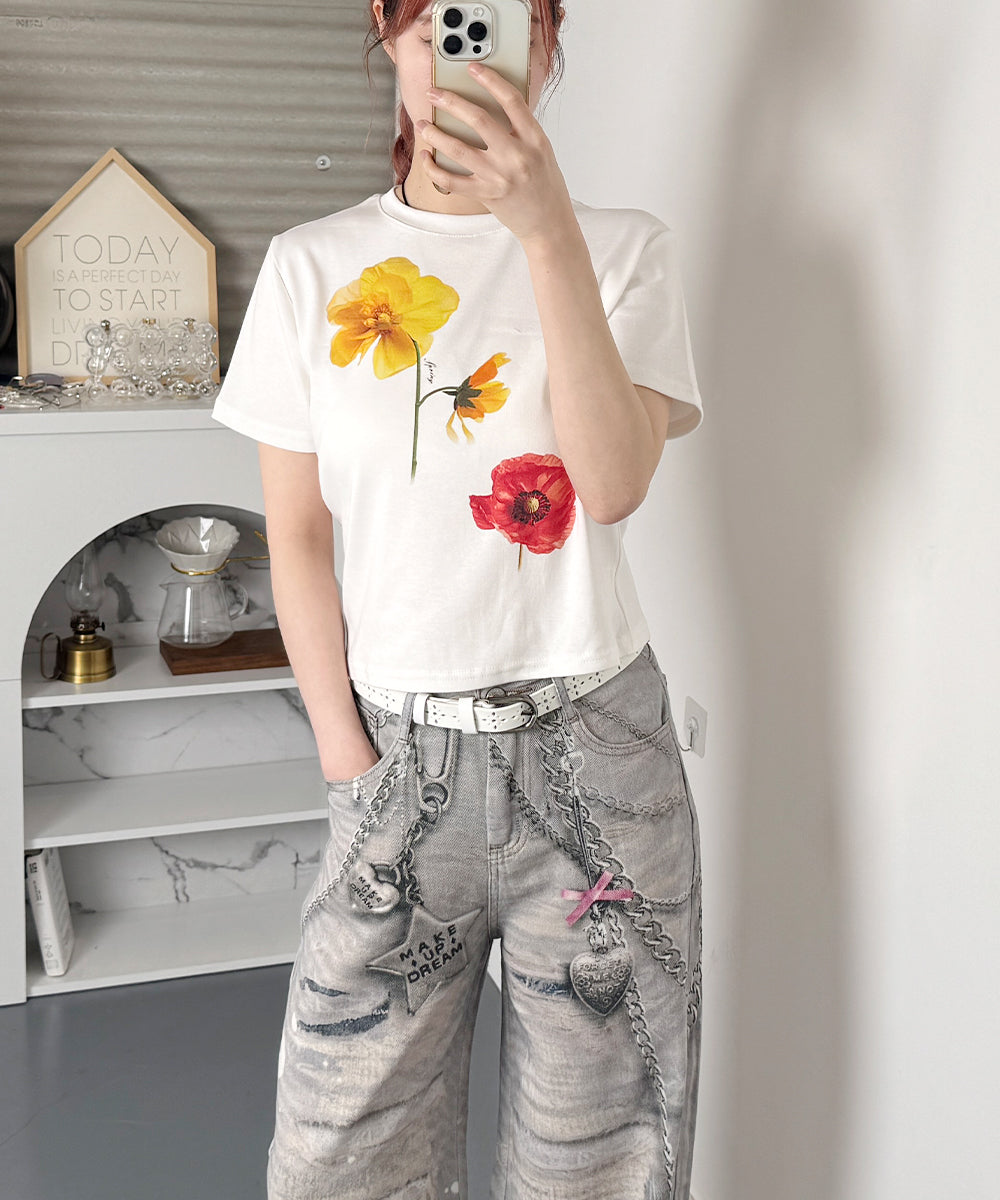 ビビッドレディ VIVIDLADY フラワープリント コンパクトTシャツ （アイボリー） アイボリー