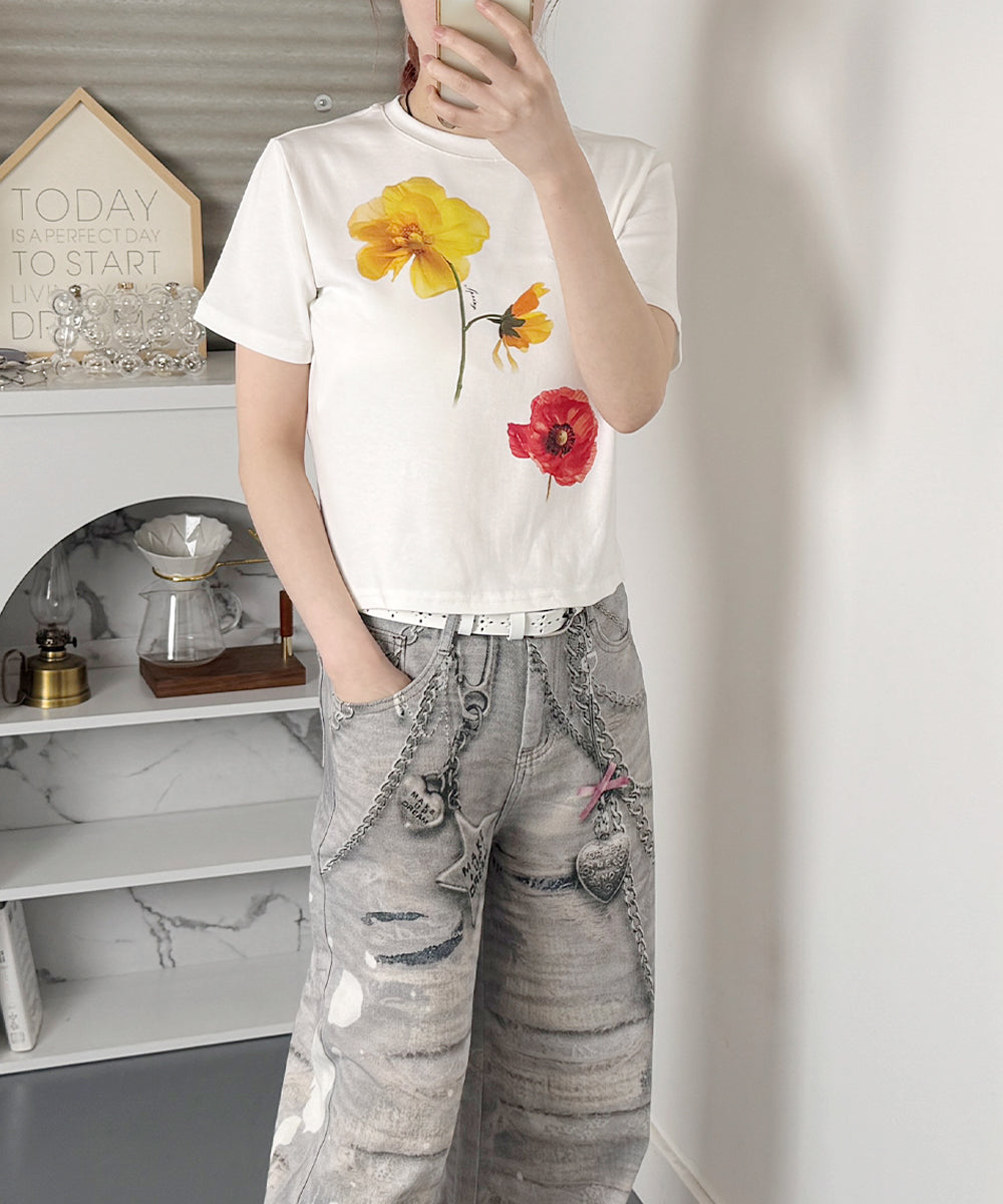 ビビッドレディ VIVIDLADY フラワープリント コンパクトTシャツ （アイボリー） アイボリー
