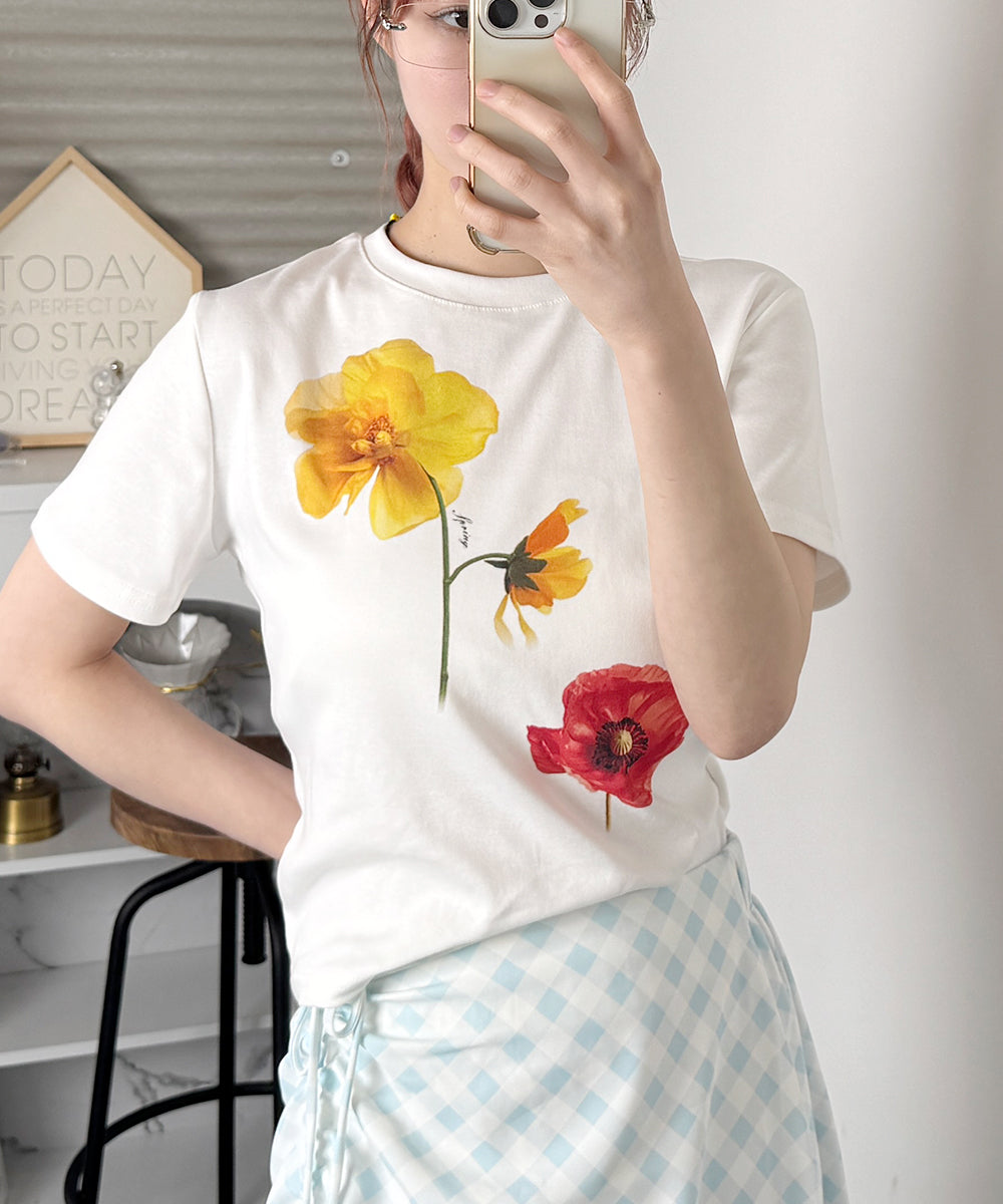 ビビッドレディ VIVIDLADY フラワープリント コンパクトTシャツ （アイボリー） アイボリー