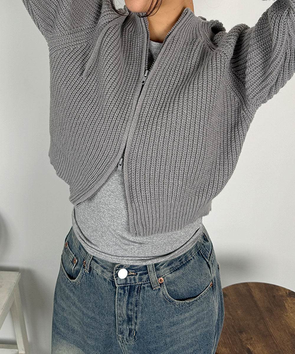 ビビッドレディ VIVIDLADY フード付き ショート丈 ニットカーディガン （グレー） グレー