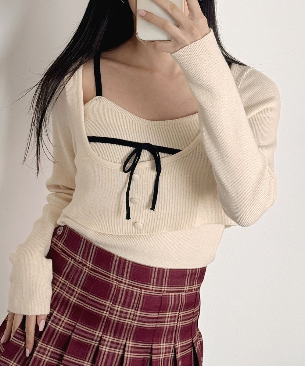 ビビッドレディ VIVIDLADY 2点セット リボン付きニット キャミソール ニットプルオーバー （クリーム） クリーム