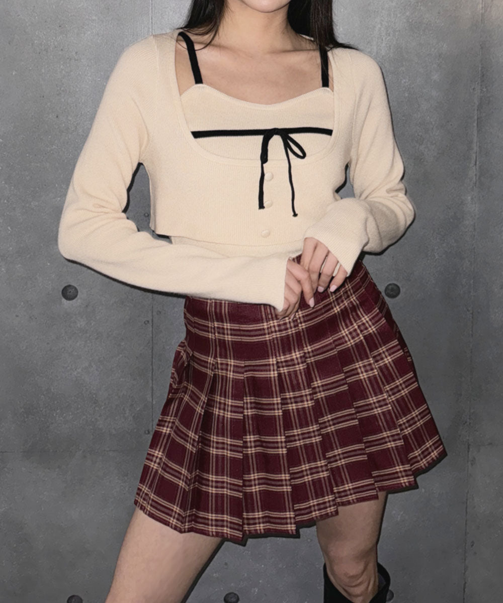 ビビッドレディ VIVIDLADY 2点セット リボン付きニット キャミソール ニットプルオーバー （クリーム） クリーム