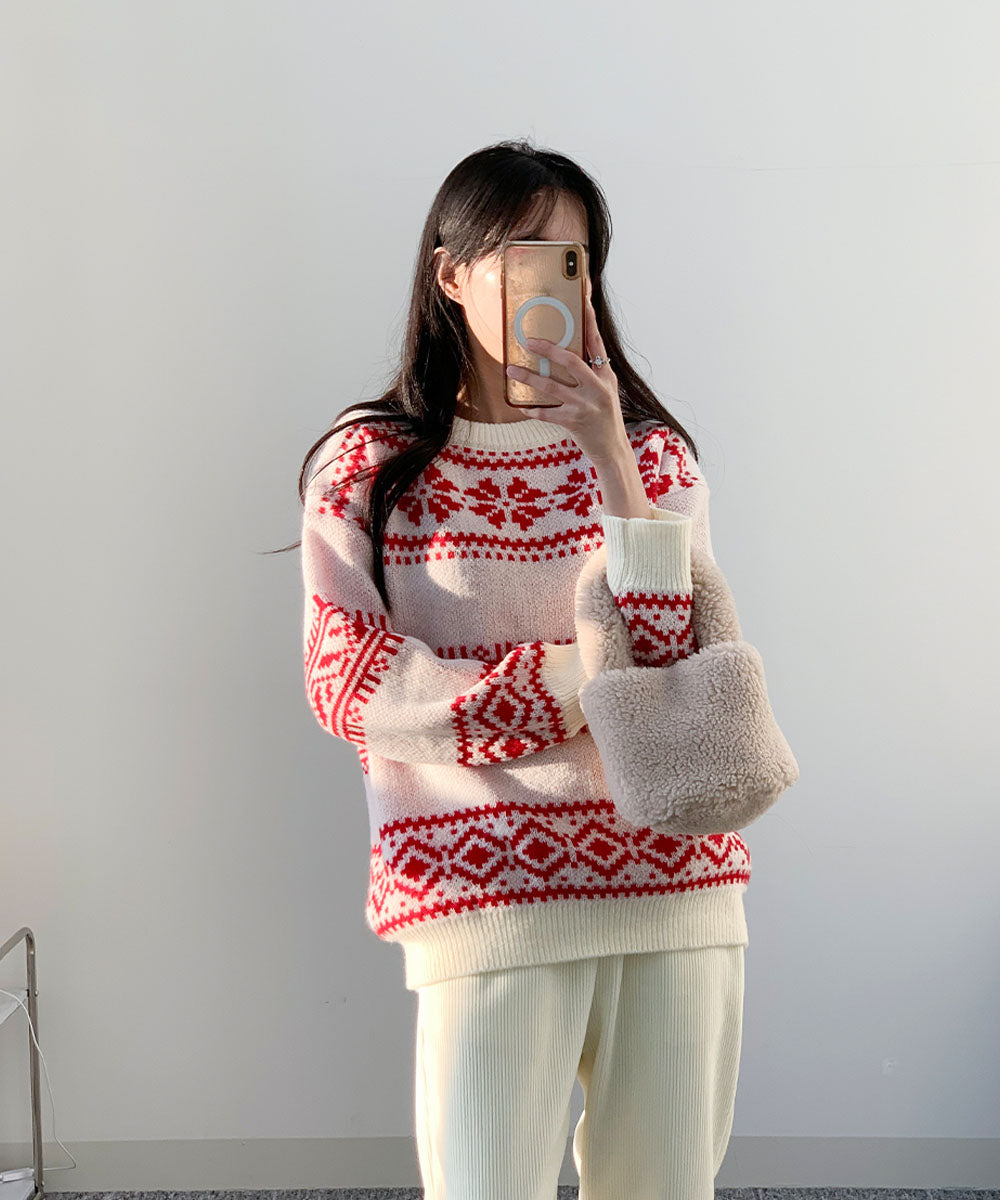 ビビッドレディ VIVIDLADY クリスマス ニット セーター 柄ニット 韓国ファッション クリスマスニット （アイボリー） アイボリー