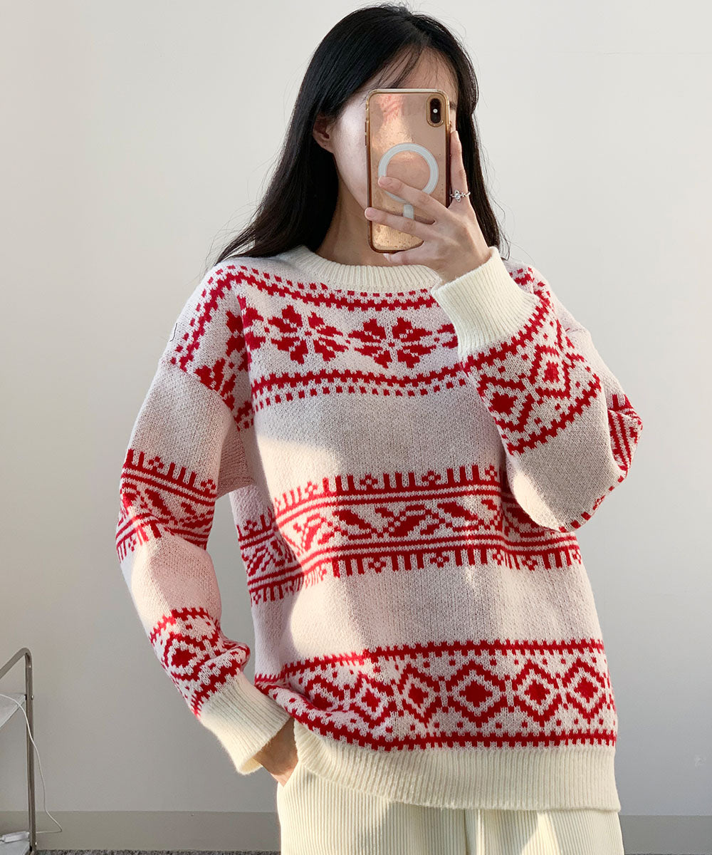 ビビッドレディ VIVIDLADY クリスマス ニット セーター 柄ニット 韓国ファッション クリスマスニット （アイボリー） アイボリー