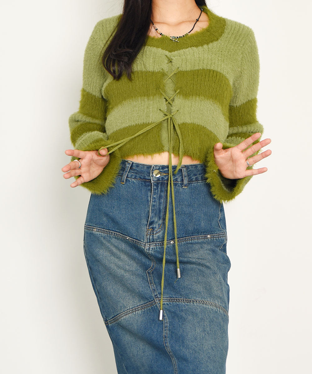 ビビッドレディ VIVIDLADY レース編みクロップド丈ボーダーニット （グリーン） グリーン