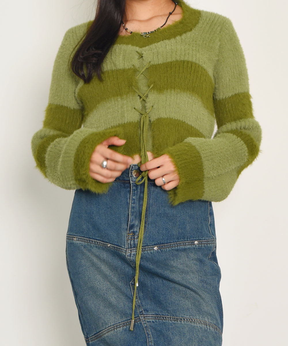 ビビッドレディ VIVIDLADY レース編みクロップド丈ボーダーニット （グリーン） グリーン