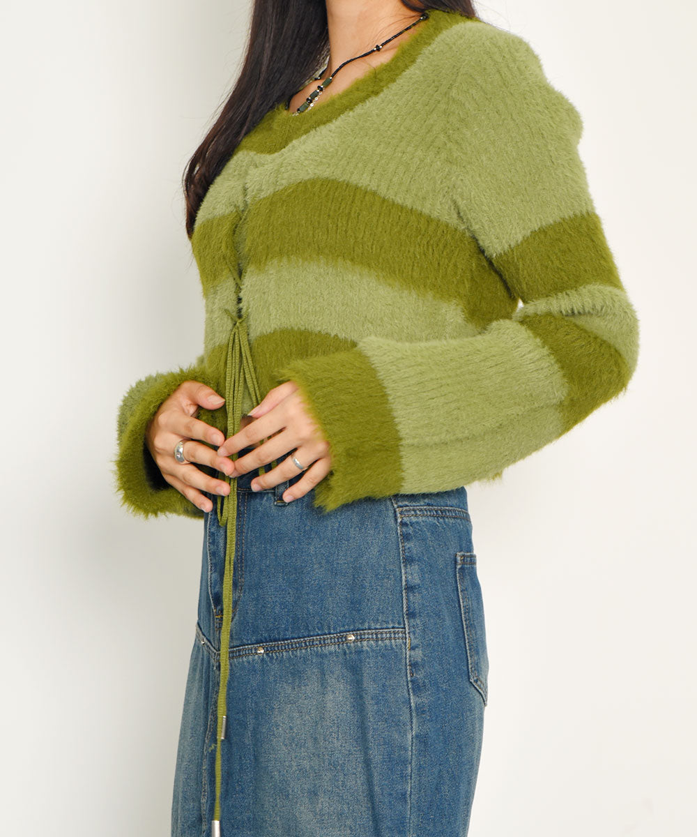 ビビッドレディ VIVIDLADY レース編みクロップド丈ボーダーニット （グリーン） グリーン