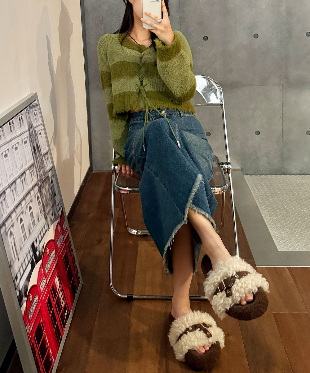 ビビッドレディ VIVIDLADY レース編みクロップド丈ボーダーニット （グリーン） グリーン