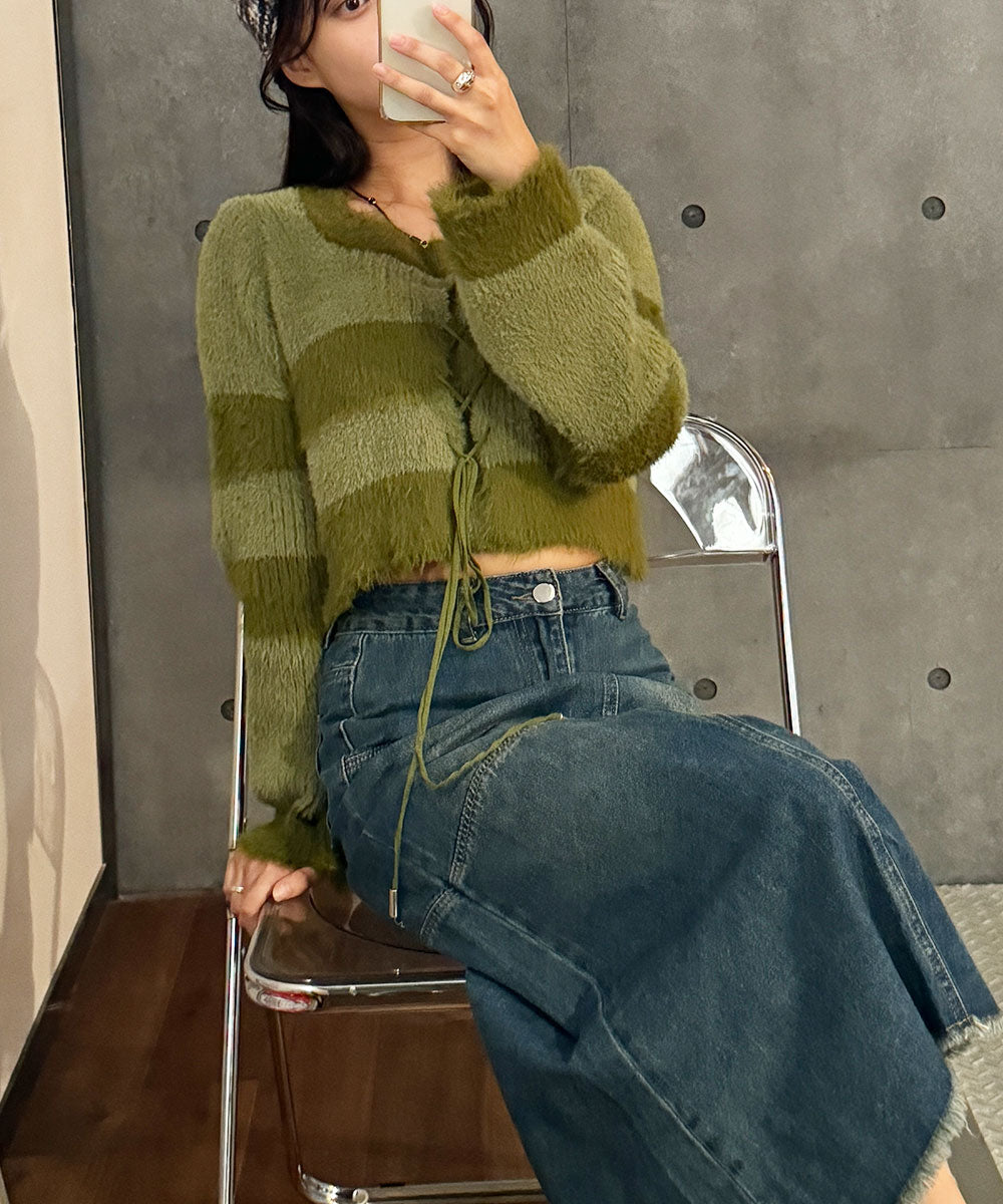 ビビッドレディ VIVIDLADY レース編みクロップド丈ボーダーニット （グリーン） グリーン