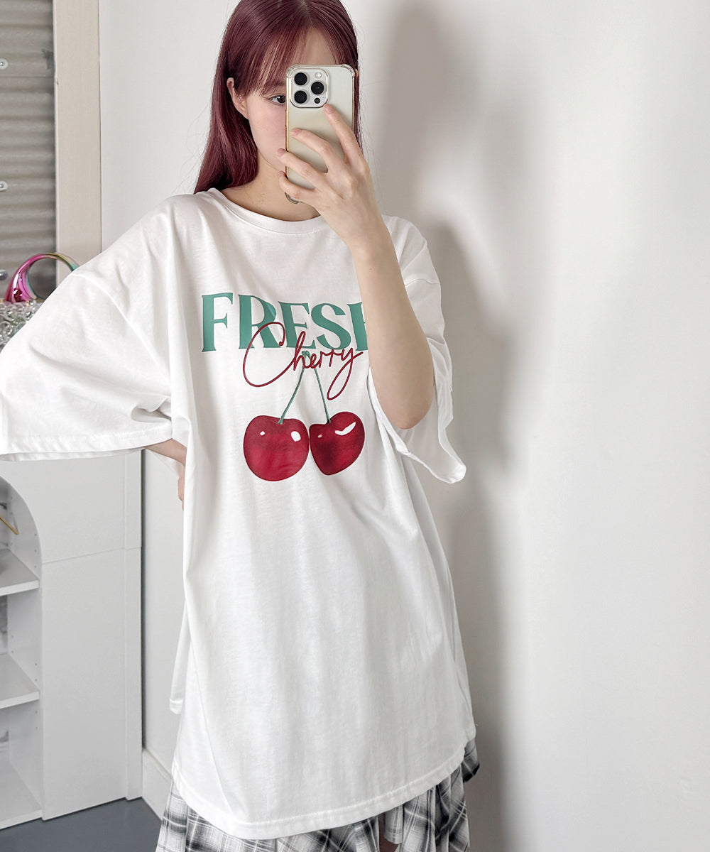 ビビッドレディ VIVIDLADY チェリープリントオーバーサイズ 半袖Tシャツ （ホワイト） ホワイト