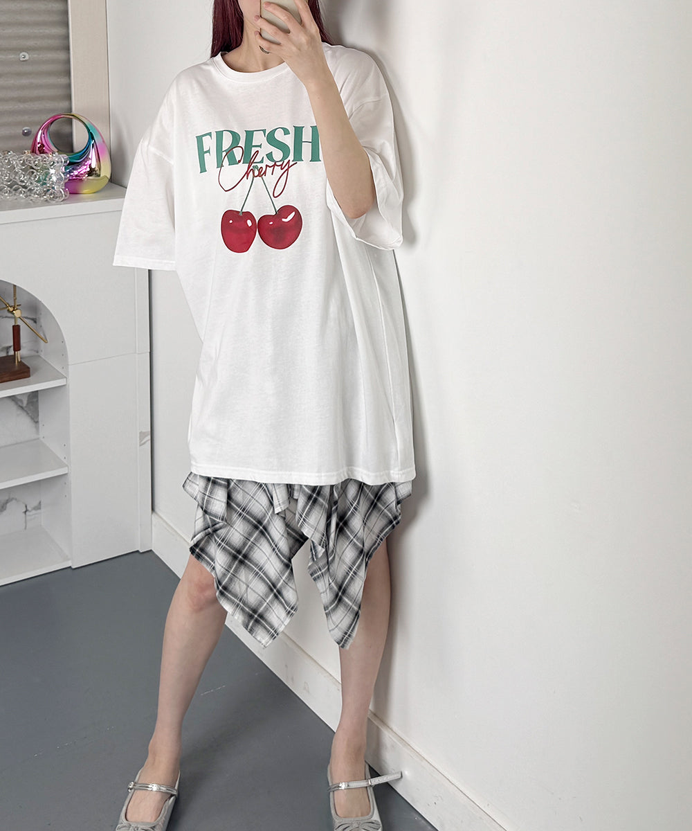ビビッドレディ VIVIDLADY チェリープリントオーバーサイズ 半袖Tシャツ （ホワイト） ホワイト