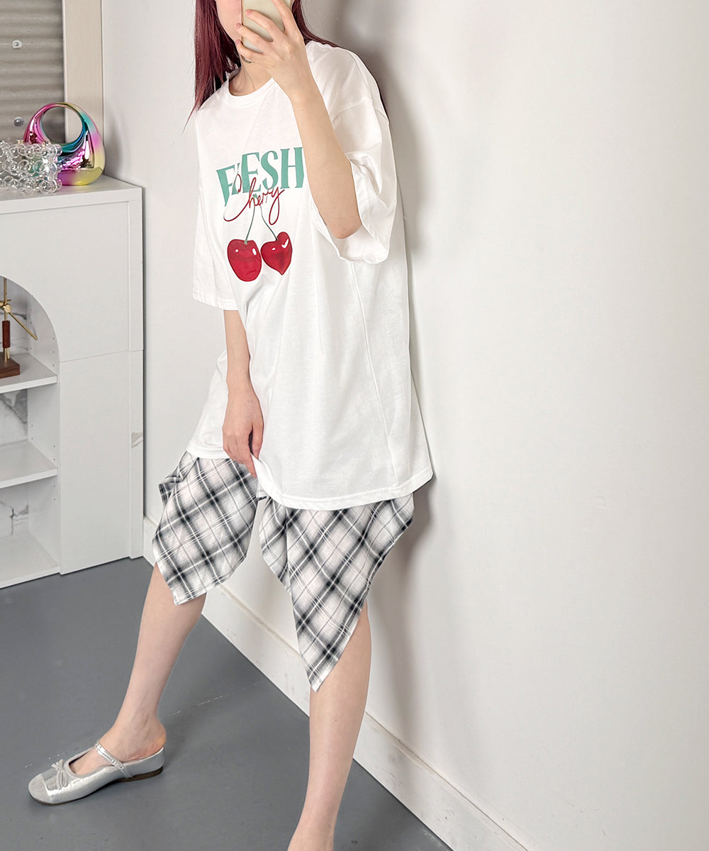 ビビッドレディ VIVIDLADY チェリープリントオーバーサイズ 半袖Tシャツ （ホワイト） ホワイト