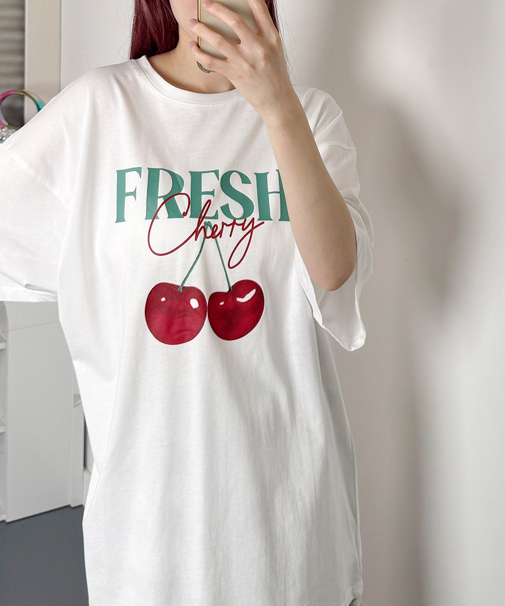 ビビッドレディ VIVIDLADY チェリープリントオーバーサイズ 半袖Tシャツ （ホワイト） ホワイト
