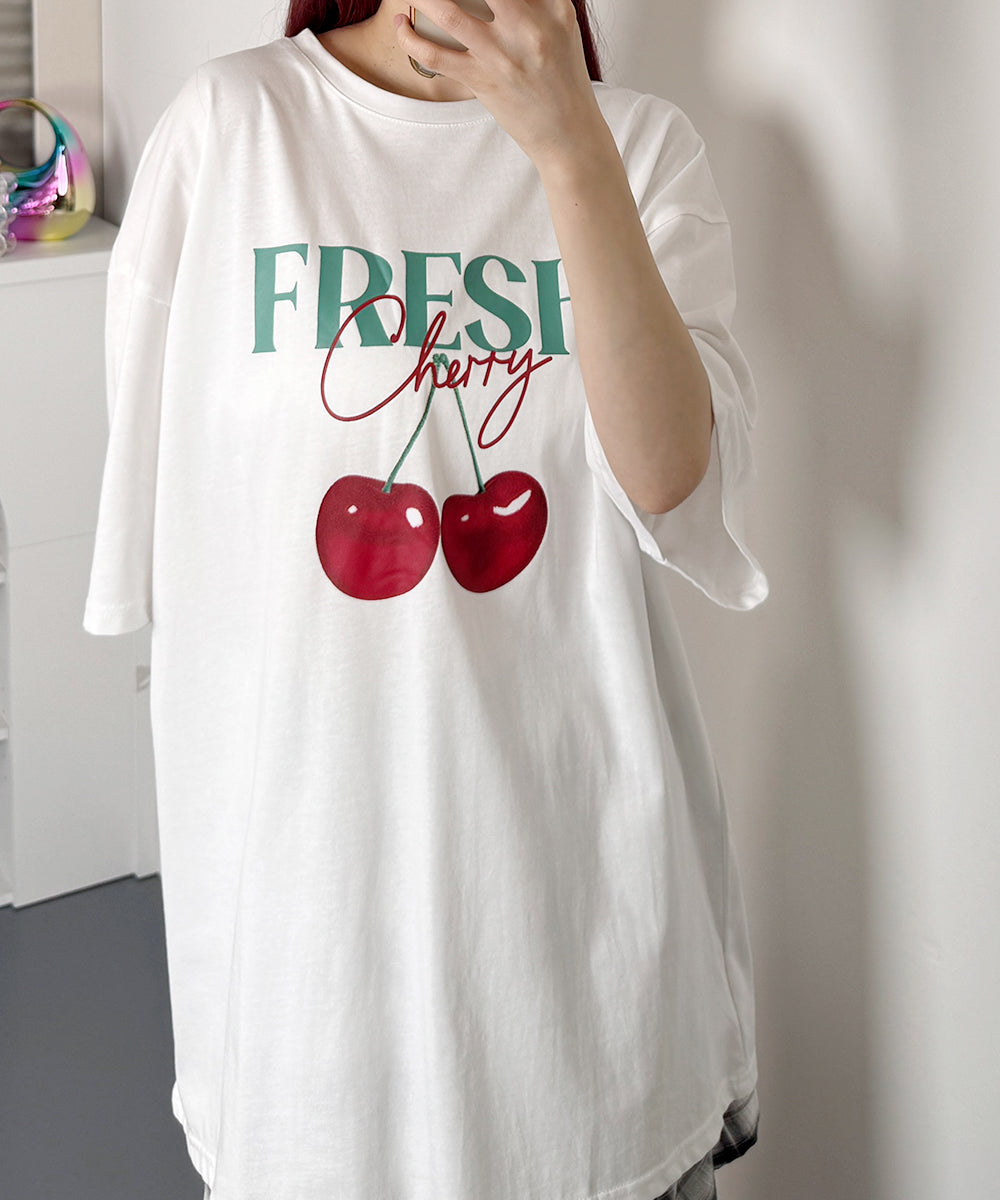 ビビッドレディ VIVIDLADY チェリープリントオーバーサイズ 半袖Tシャツ （ホワイト） ホワイト
