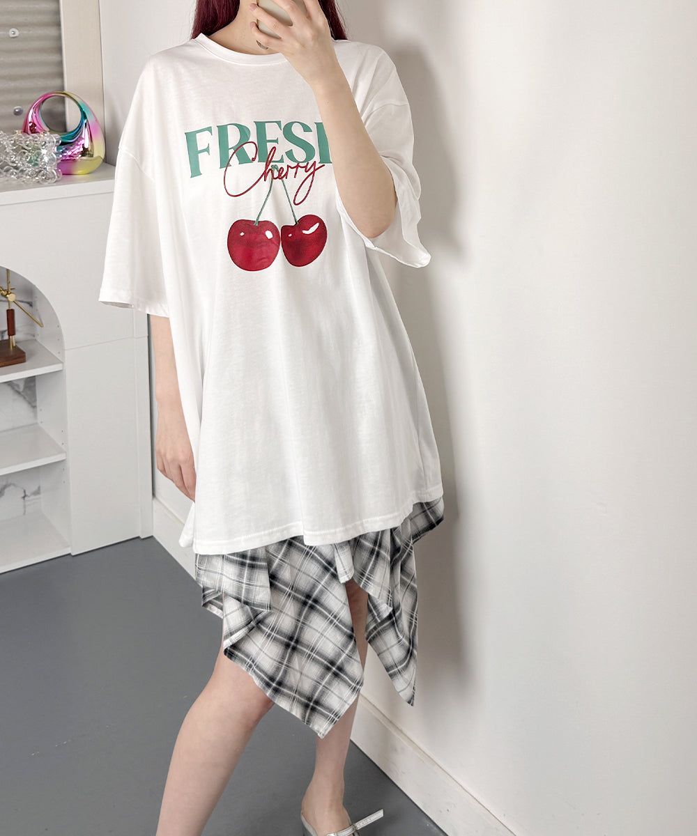 ビビッドレディ VIVIDLADY チェリープリントオーバーサイズ 半袖Tシャツ （ホワイト） ホワイト