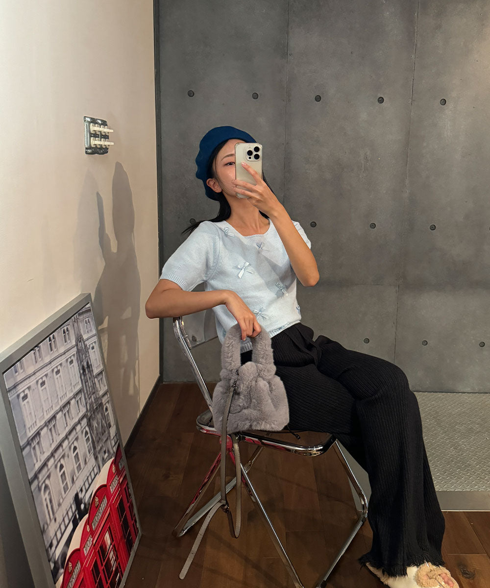 ビビッドレディ VIVIDLADY リボン半袖ニット レディース 秋 冬 ニット （スカイブルー） スカイブルー