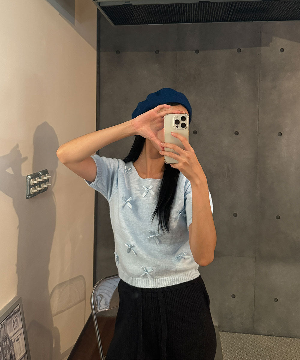 ビビッドレディ VIVIDLADY リボン半袖ニット レディース 秋 冬 ニット （スカイブルー） スカイブルー