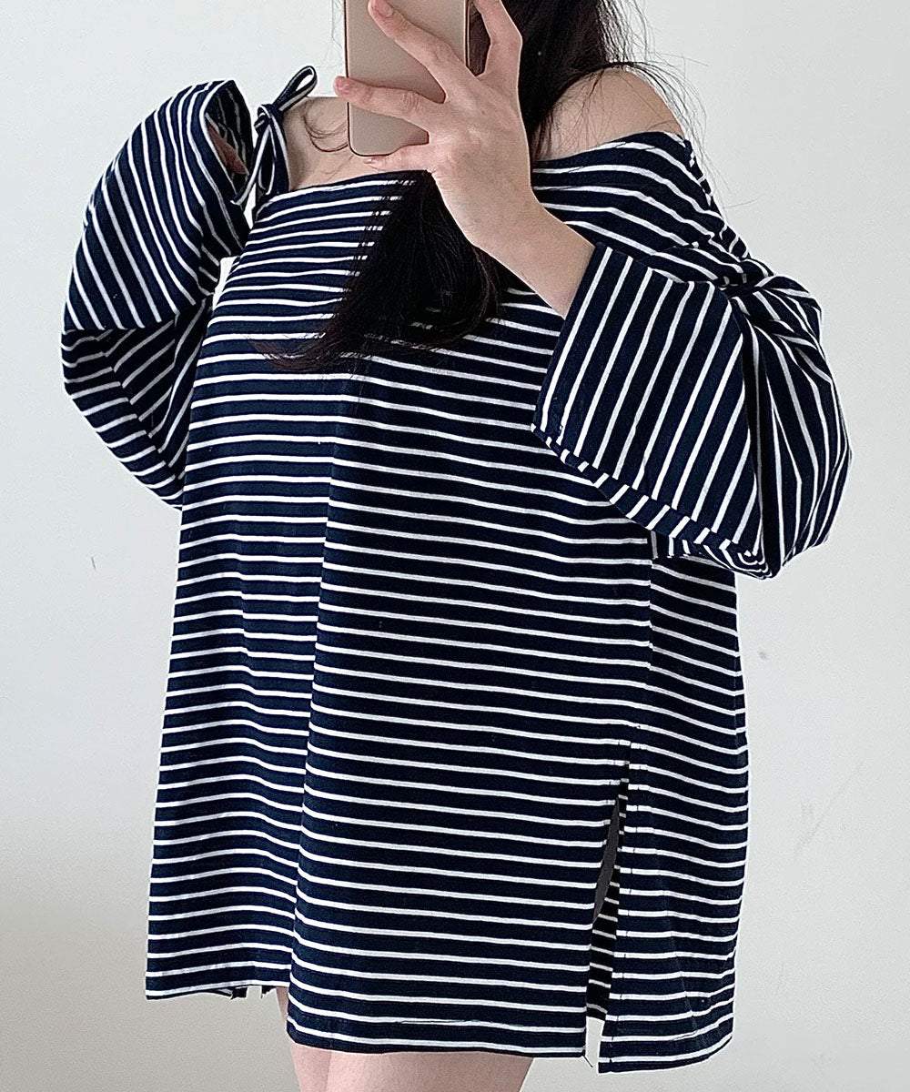 VIVIDLADY Off-Shoulder Cut and Sew T-Shirt Boat Neck Horizontal Stripe