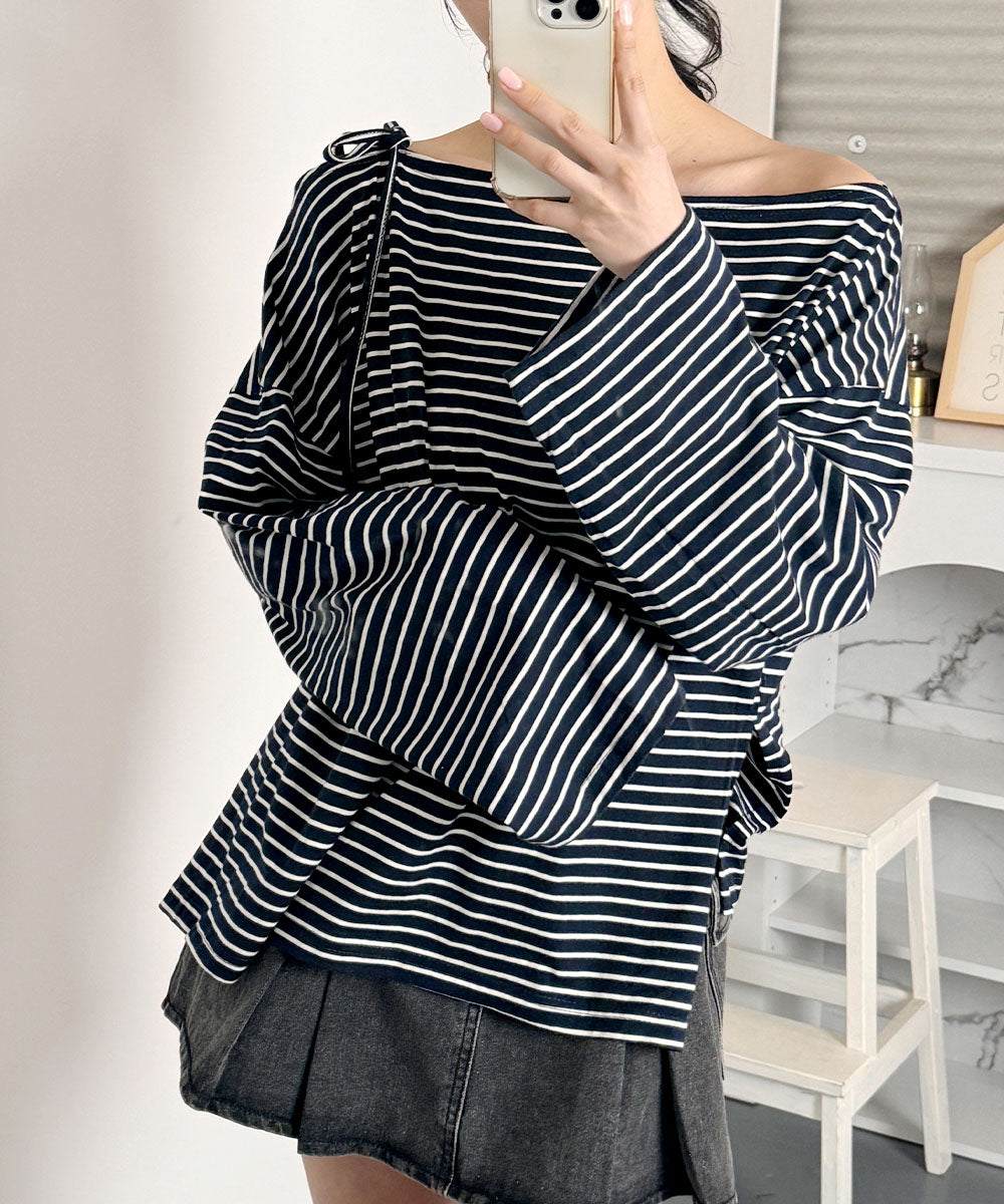 ビビッドレディ VIVIDLADY オフショルダー カットソー Tシャツ ボートネック 横ボーダー （ネイビー） ネイビー