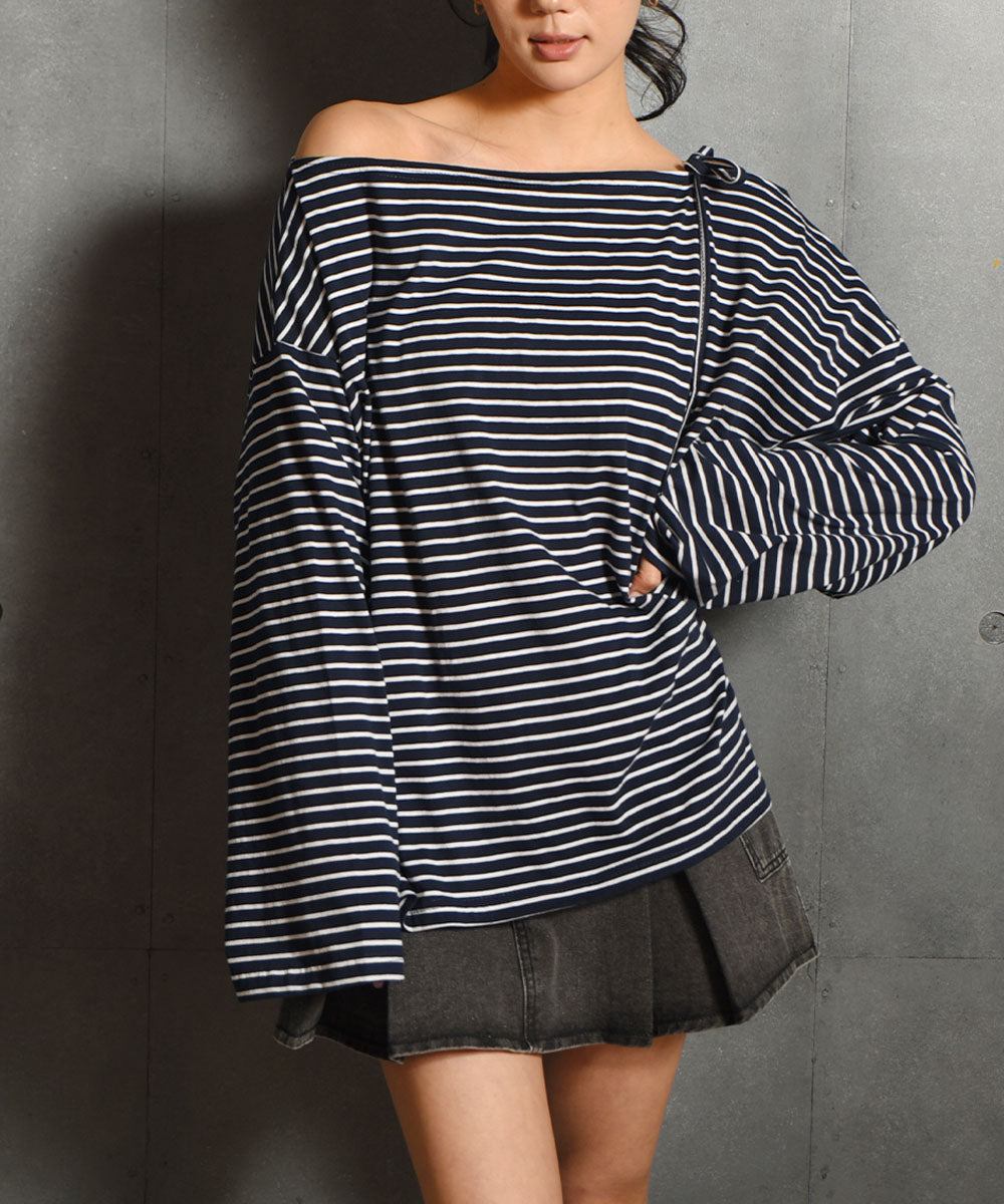 ビビッドレディ VIVIDLADY オフショルダー カットソー Tシャツ ボートネック 横ボーダー （ネイビー） ネイビー