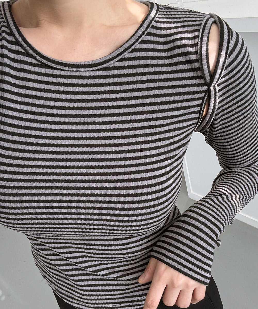 ビビッドレディ VIVIDLADY オープンショルダー Tシャツ 肩出しTシャツ ボーダー （チャコール） チャコール