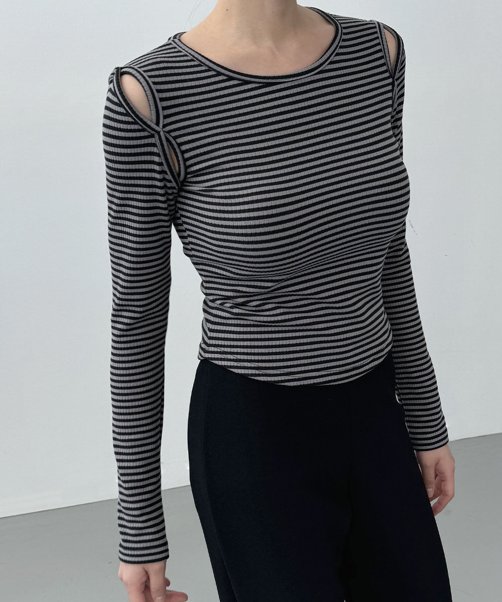 ビビッドレディ VIVIDLADY オープンショルダー Tシャツ 肩出しTシャツ ボーダー （チャコール） チャコール