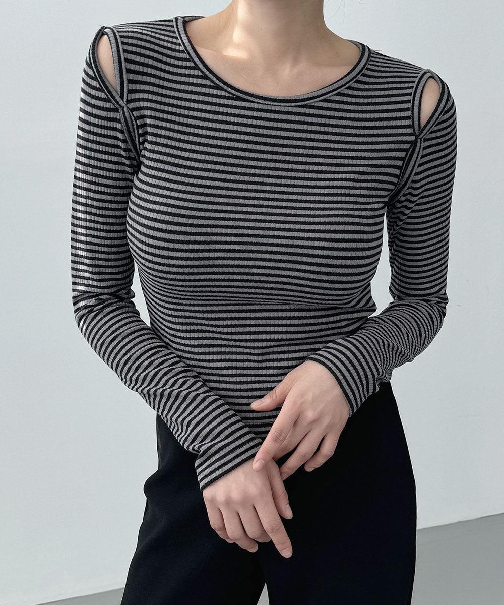 ビビッドレディ VIVIDLADY オープンショルダー Tシャツ 肩出しTシャツ ボーダー （チャコール） チャコール
