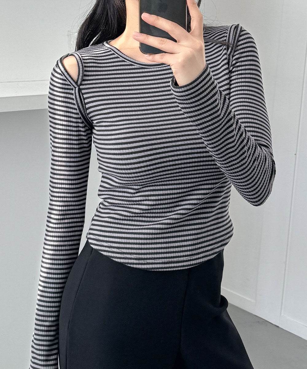 ビビッドレディ VIVIDLADY オープンショルダー Tシャツ 肩出しTシャツ ボーダー （チャコール） チャコール