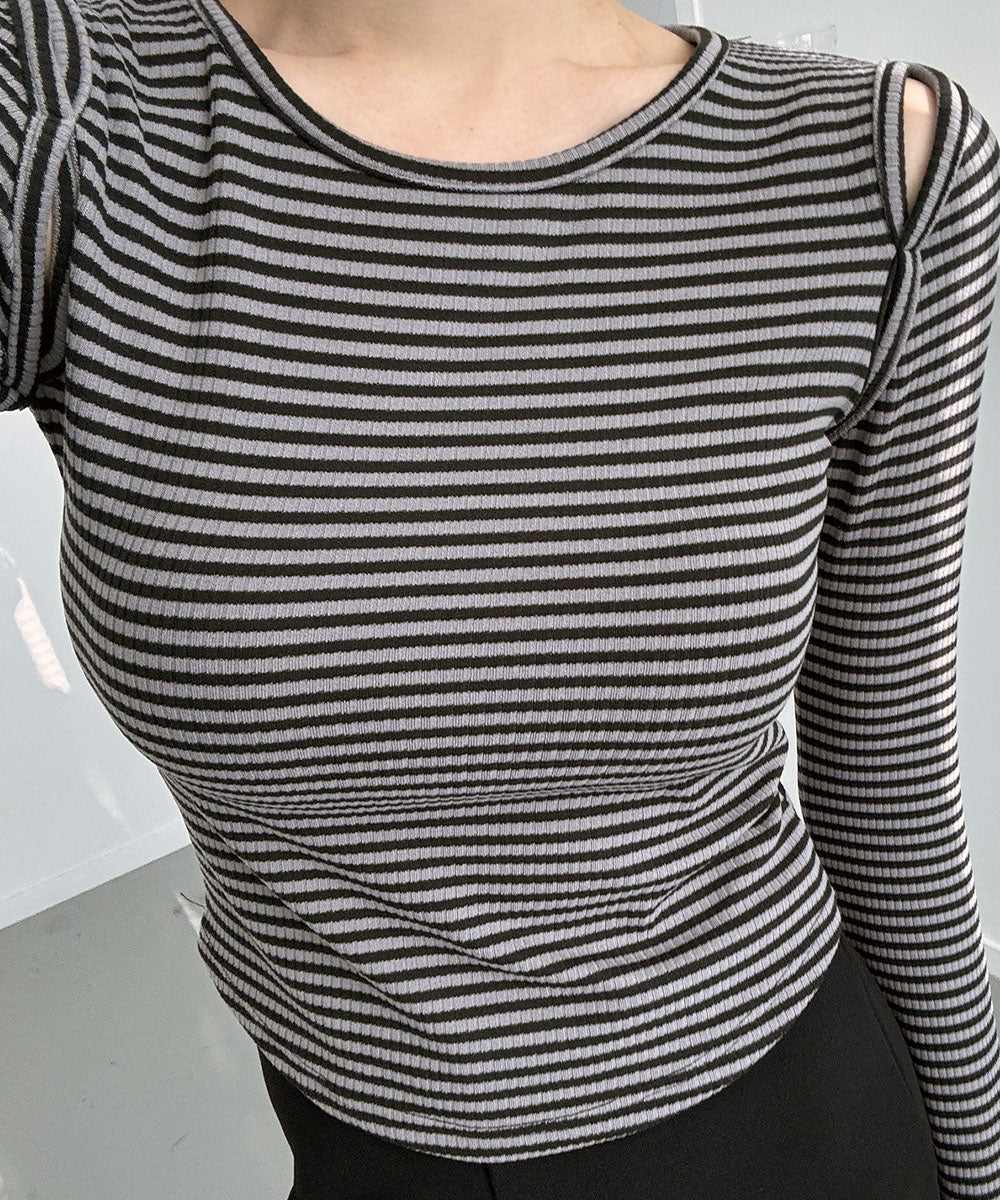 ビビッドレディ VIVIDLADY オープンショルダー Tシャツ 肩出しTシャツ ボーダー （チャコール） チャコール