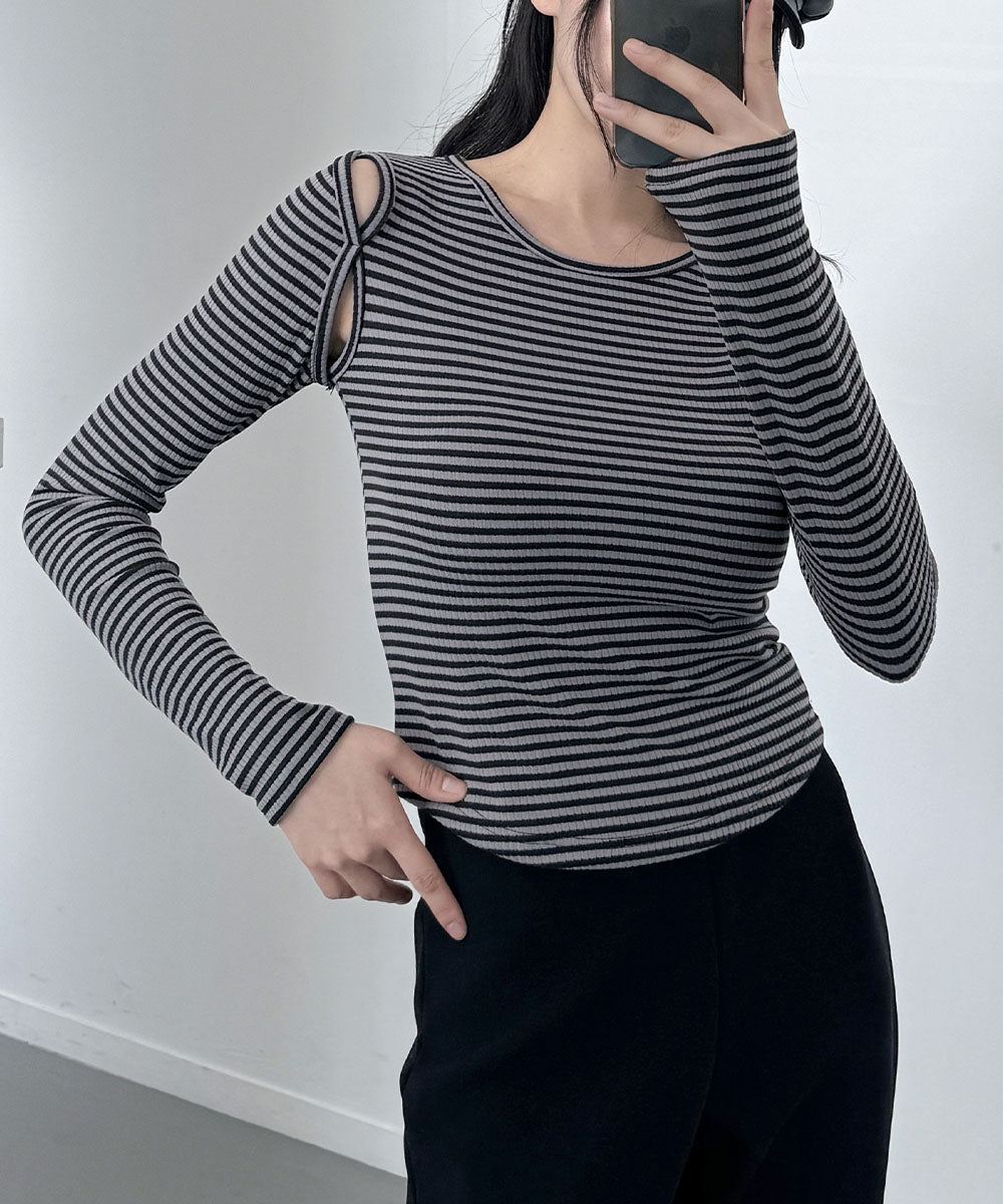 ビビッドレディ VIVIDLADY オープンショルダー Tシャツ 肩出しTシャツ ボーダー （チャコール） チャコール