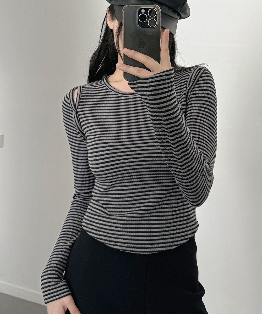 ビビッドレディ VIVIDLADY オープンショルダー Tシャツ 肩出しTシャツ ボーダー （チャコール） チャコール