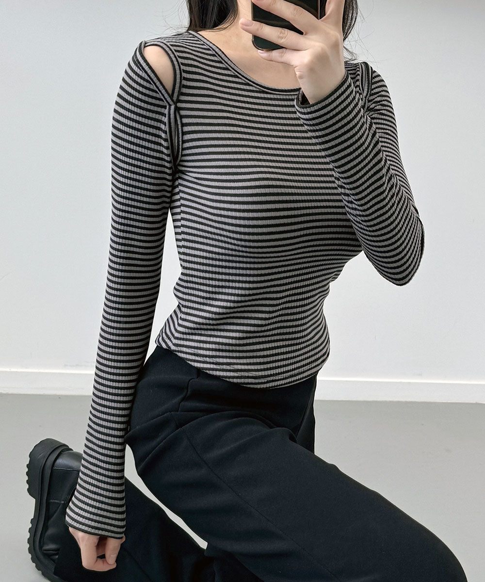 ビビッドレディ VIVIDLADY オープンショルダー Tシャツ 肩出しTシャツ ボーダー （チャコール） チャコール