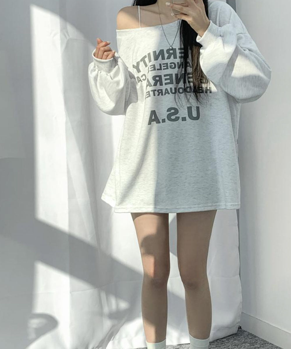ビビッドレディ VIVIDLADY ボートネック オーバーサイズ Tシャツ 長袖 オフショルダー （ホワイトメランジ） ホワイトメランジ
