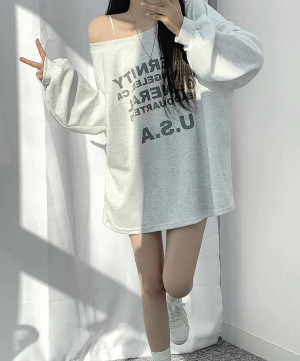 ビビッドレディ VIVIDLADY ボートネック オーバーサイズ Tシャツ 長袖 オフショルダー （ホワイトメランジ） ホワイトメランジ