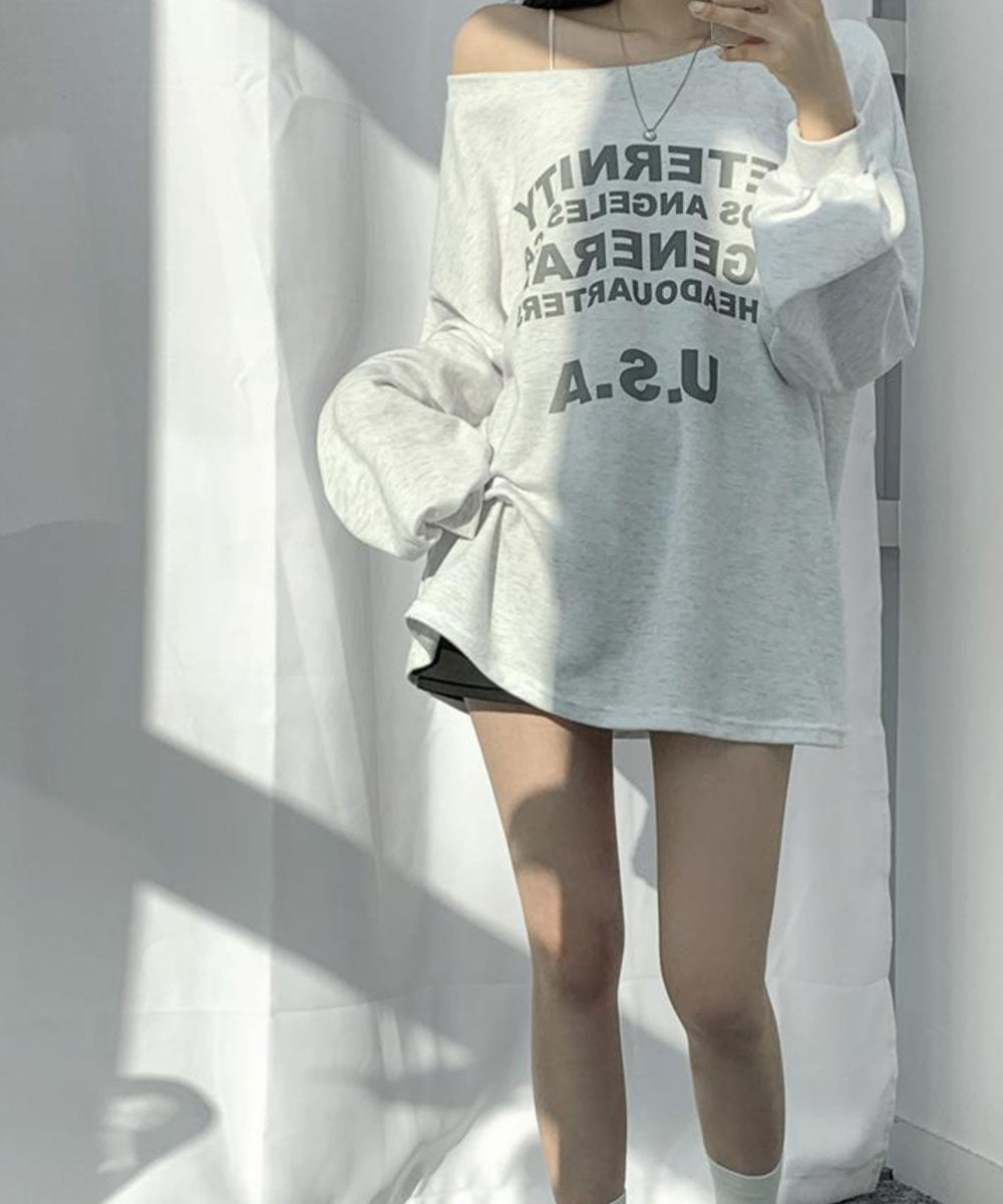 ビビッドレディ VIVIDLADY ボートネック オーバーサイズ Tシャツ 長袖 オフショルダー （ホワイトメランジ） ホワイトメランジ