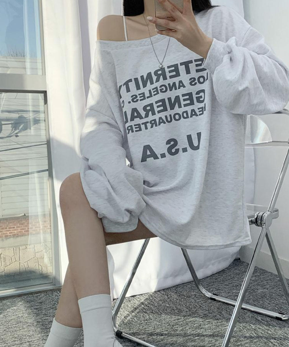 ビビッドレディ VIVIDLADY ボートネック オーバーサイズ Tシャツ 長袖 オフショルダー （ホワイトメランジ） ホワイトメランジ