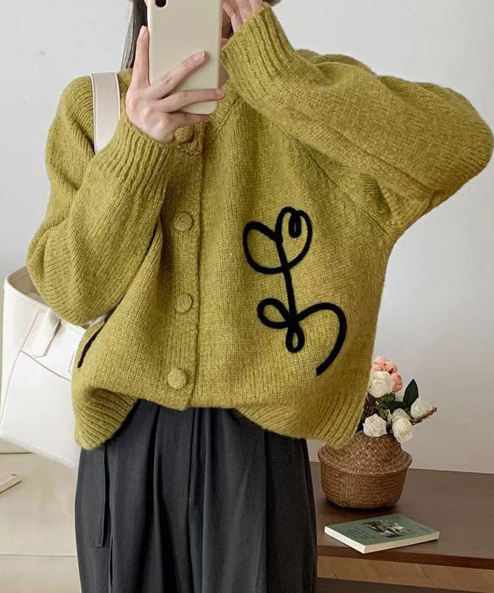 ビビッドレディ VIVIDLADY 刺しゅう入りクルーネックニットカーディガン レディース ショート丈 ニットかわいい レディース クルーネック ニットカーデ （イエローグリーン） イエローグリーン
