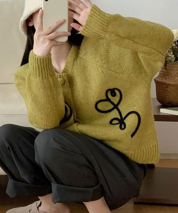 ビビッドレディ VIVIDLADY 刺しゅう入りクルーネックニットカーディガン レディース ショート丈 ニットかわいい レディース クルーネック ニットカーデ （イエローグリーン） イエローグリーン